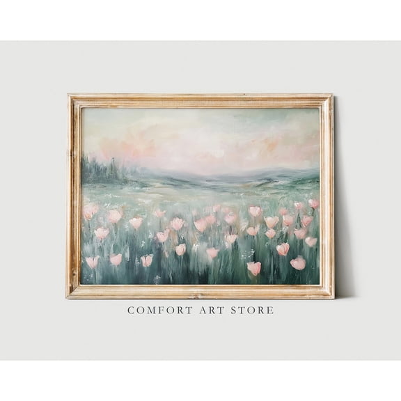 Vintage Tulip Field Print Easter Decor Spring Pink Tulip Flower Wall Art Vintage Printable Spring Landscape Botanical Farmhouse Oil Painting, Stretched Canvas Size 12x18