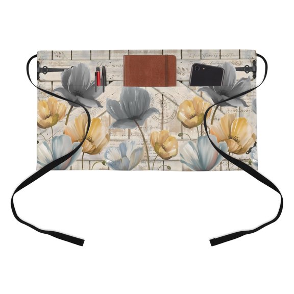 Vintage Tulip Half Waist Apron Farmhouse Retro Blue Yellow Grey Flower Barn Door Short Waiter Aprons with 3 Pockets for Women Men Kitchen Restaurant Cooking