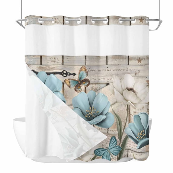Vintage Tulip No Hook Shower Curtain with Snap in Liner Farmhouse Retro White Blue Flower Butterfly Barn Door Waterproof Bathroom Shower Curtain with See Through Top Window for Bathtub 72" x 78"