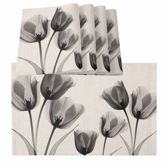 Vintage Tulip Placemats for Dinning Table Set of 4, Black Grey Beige Bloom Flower Floral Burlap Kitchen Place Mats Waterproof Cloth Table Mats, Indoor Outdoor Placemats Easy Clean Dinner Decor