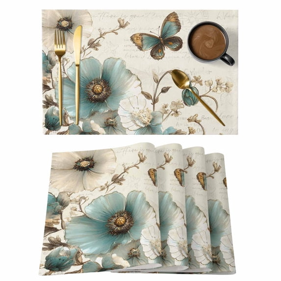 Vintage Tulip Placemats Set of 8, Butterfly Flower Non-Slip Place Mats Washable Table Mats for Kitchen Dining Table Decorations Indoor/Outdoor