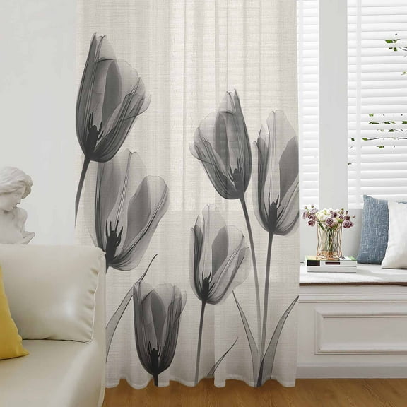 Vintage Tulip Semi Sheer Curtains Drapes for Living Room, Bedroom, French Doors Window 84 Inches Long, Black Grey Beige Bloom Flower Floral Rod Pocket Chiffon Curtain Drapery Voile Draperies Panel