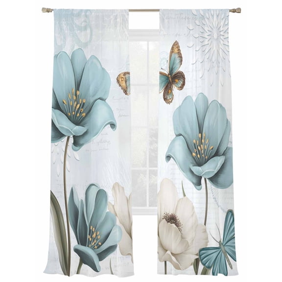 Vintage Tulip Sheer Curtains 2 Panels Set Farmhouse Watercolor White Blue Flower Butterfly Sheer Window Curtains Light Filtering Rod Pocket Voile Drapes for Bedroom Living Room 52"X108"