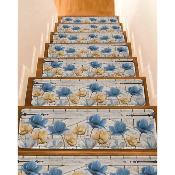 Vintage Tulip Stair Treads Farmhouse Retro Yellow Blue Flower Barn Door Indoor Non Slip Peel and Stick Stair Treads for Wooden Steps 4 PCS, Soft Adhesive Staircase Mats Runner Rugs 8"x30"