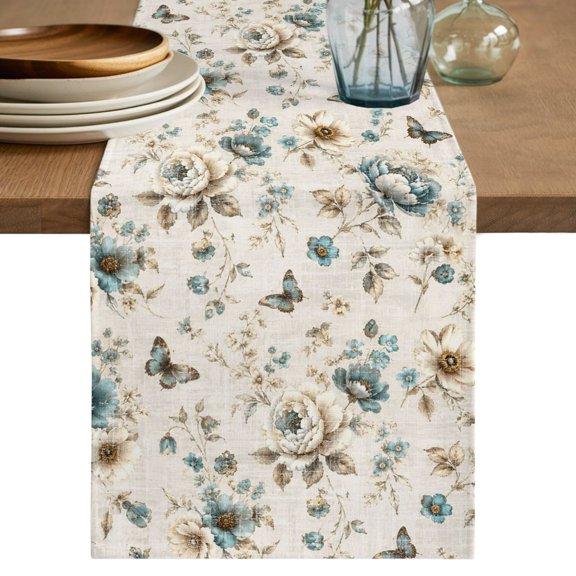 Vintage Tulip Table Runner 36 Inches,Short Dining Table Runners Dresser Scarves,Teal Flowers Butterfly Pastoral Botanical Kitchen Coffee Tablerunner for Tabletop Party Holiday Wedding 13"x36"
