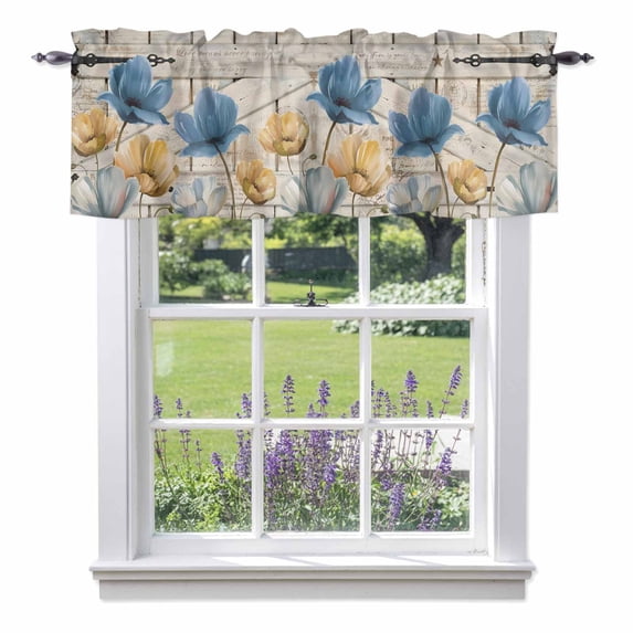 Vintage Tulip Valance Curtain Farmhouse Retro Yellow Blue Flower Barn Door Window Valances Rod Pocket Short Curtains Window Treatments for Kitchen Bedroom Bathroom Laundry 60" x 14"