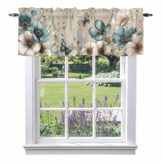 Vintage Tulip Valance Curtain for Windows Farmhouse Retro White Blue Flower Butterfly Leaf Rod Pocket Curtain Valances Short Window Treatments for Kitchen Bathroom Laundry Basement 60 x 14 Inch