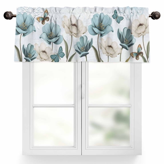 Vintage Tulip Valances for Windows Farmhouse Watercolor White Blue Flower Butterfly Valance Curtains Rod Pocket Bathroom Small Window Treatments for Kitchen Living Room Bedroom, 54"x18"