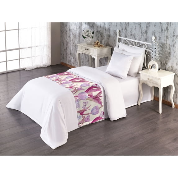 Vintage Tulips Bed Runner, Retro Inspired Delicate Aura Flowers Boho with Butterfly Art, Decorative Accent Bedding Scarf for Hotels Homes & Guest Rooms, Twin, Magenta Pale Lilac Cream, by Ambesonne