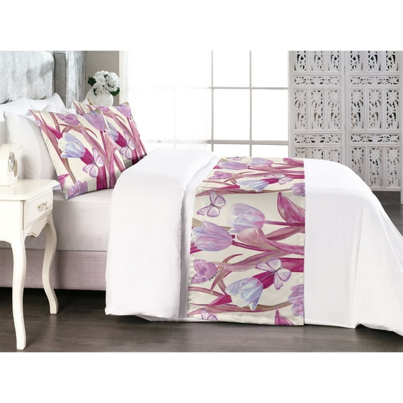 Vintage Tulips Bed Runner Set, Retro Inspired Delicate Aura Flowers Boho with Butterfly Art, Decorative Bedding Scarf & 2 Pillow Shams for Hotels Homes, King, Magenta Pale Lilac Cream, by Ambesonne