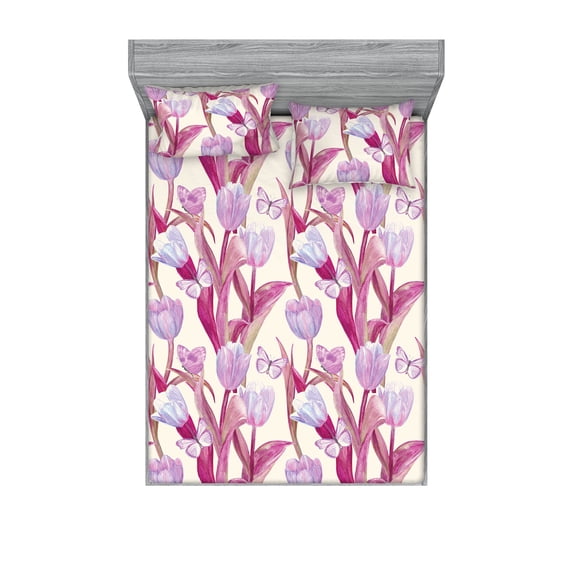 Vintage Tulips Fitted Sheet & Pillow Sham Set, Retro Inspired Delicate Aura Flowers Boho with Butterfly Art, Decorative Printed 3 Piece Bedding Decor, Full, Magenta Pale Lilac Cream, by Ambesonne