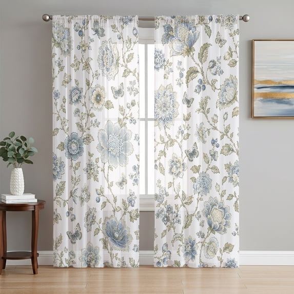 Vintage Tulips Sheer Curtains 84 Inch Length 2 Panels Set, Rustic Elegant Floral Botanical Voile Window Treatment Rod Pocket Curtains Sheers Drapes for Bedroom/Living Room/Kitchen 52"x84"x2
