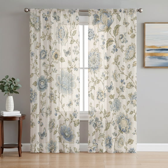 Vintage Tulips Sheer Curtains 96 Inch Length 2 Panels Set, Elegant Floral Botanical Farmhouse Voile Window Treatment Semi Sheer Long Curtains Drapes for Bedroom/Living Room/Kitchen 52"x96"x2