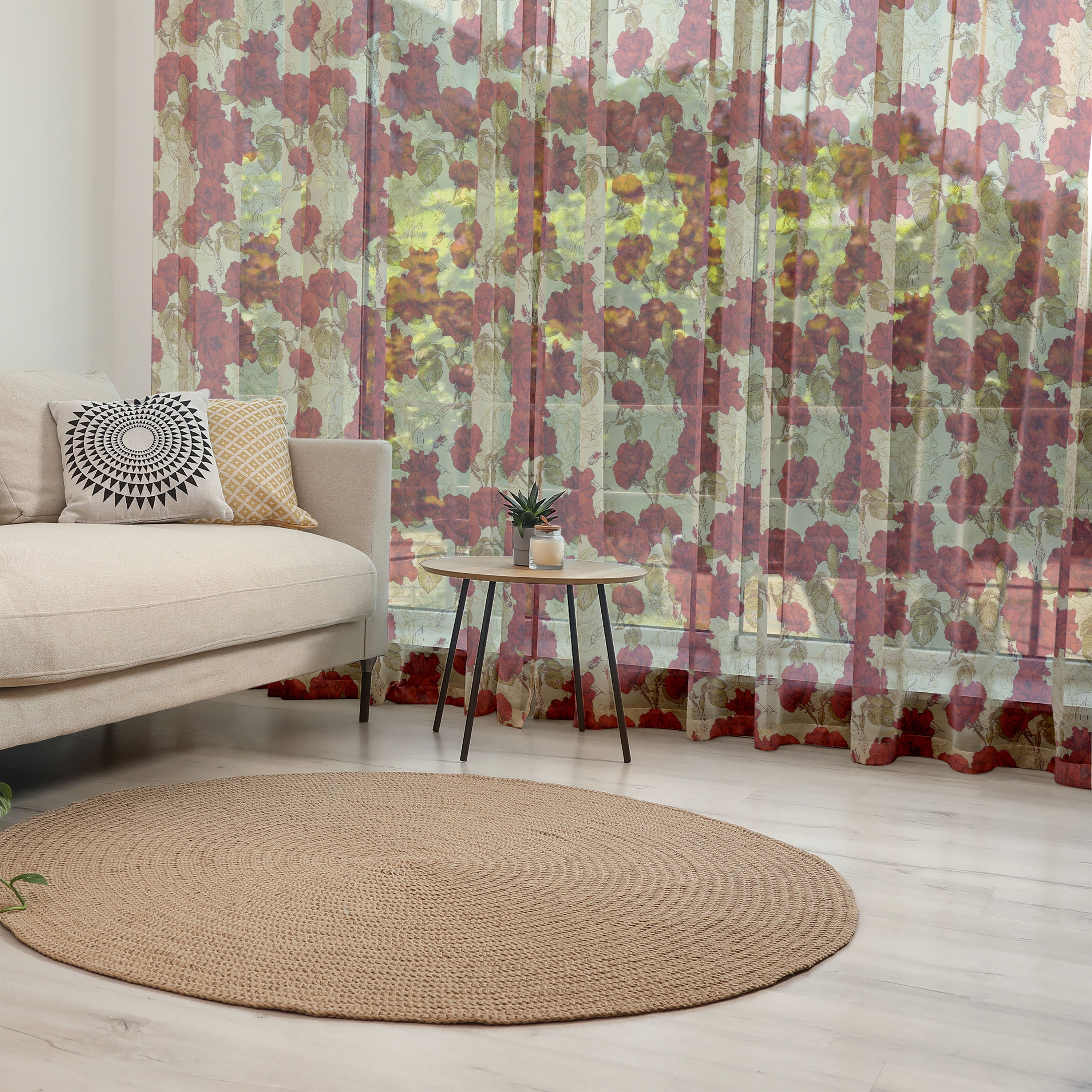 Vintage Tulle Curtains with Rod Pocket, Romantic Red Rose Blooms with