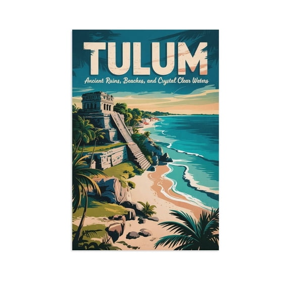 Vintage Tulum Cityscape Retro Mexican Tourism with Archeological Sites & Ocean Views Print Poster