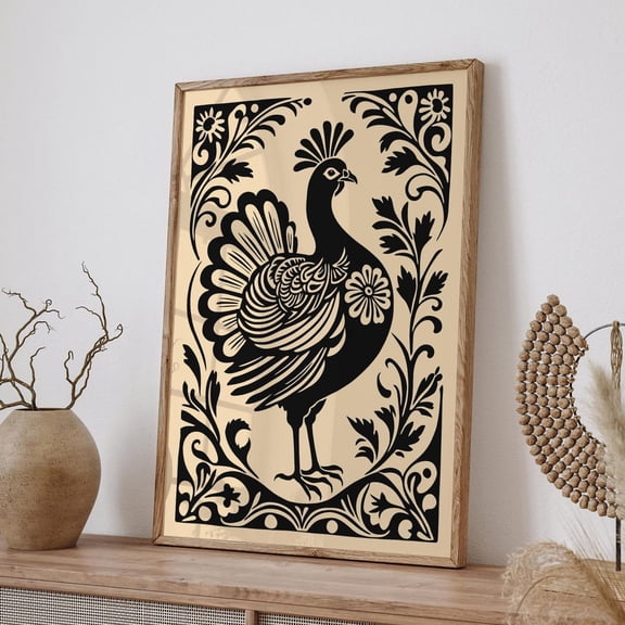 Vintage Turkey Art Black Beige Folk Art Illustration Unframed Paper Print