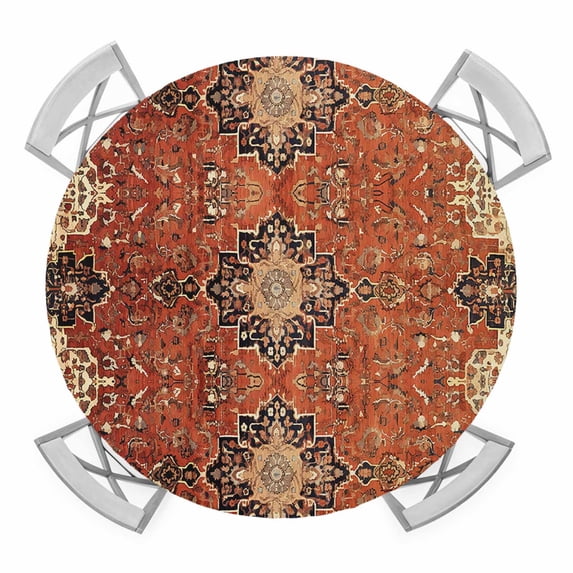 Vintage Turkish Abstract Figure Elastic Fitted Round Table Cover Medieval Ethnic Style Texture Waterproof Outdoor Tablecloth for Holiday Party, Picnic, Patio & Dining Fits Tables Up to 36"-44"