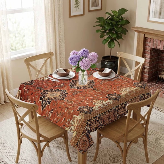 Vintage Turkish Abstract Figure Square Tablecloth 54x54 Inch Medieval Ethnic Style Texture Waterproof Tablecloth for Dining Table, Washable Table Cover for Kitchen Dining Room,Stain Resistant
