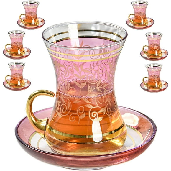 Vintage Turkish Moroccan Pink Tea Glasses Cups Saucers Set of 6 Glassware for Drinking Party Serving Women Fancy Kitchen Wedding Coffee Mugs Gift Arabic Style Art Teapot Drinks Beverages