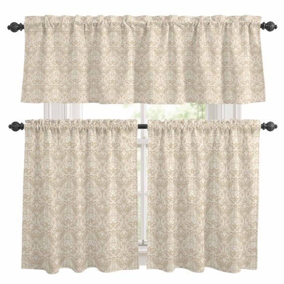 Vintage Turkish Pattern Kitchen Curtains Valances and Tiers Set of 3 Medieval Brown Bohemia Tier Curtains and Valance with Rod Pocket for Small Windows, 27.5"x36"