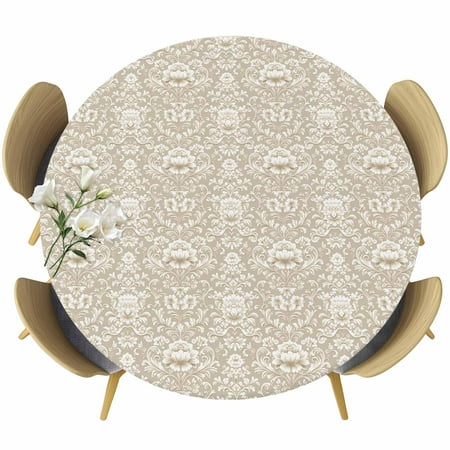 Vintage Turkish Pattern Round Fitted Tablecloth with Elastic Edge, Brown Medieval Bohemia Style Stretch Table Covers for 45"-54" Tables Wipeable Table Cloth for Outdoor