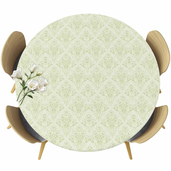 Vintage Turkish Pattern Round Fitted Tablecloth with Elastic Edge, Green Medieval Bohemia Style Stretch Table Covers for 36"-44" Tables Wipeable Table Cloth for Outdoor