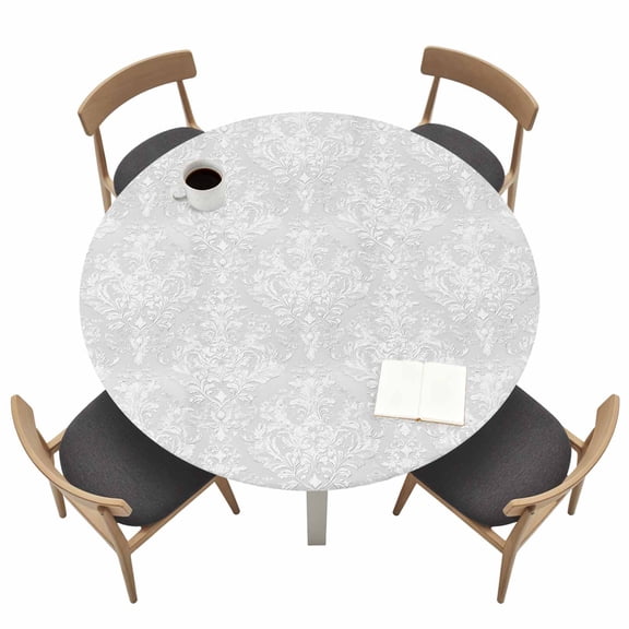 Vintage Turkish Pattern Round Fitted Tablecloth with Elastic Edge Medieval Gary Bohemia Style Table Cover Fit for 36"-44" Tables Waterproof Tablecloths for Dinner Camping Picnic