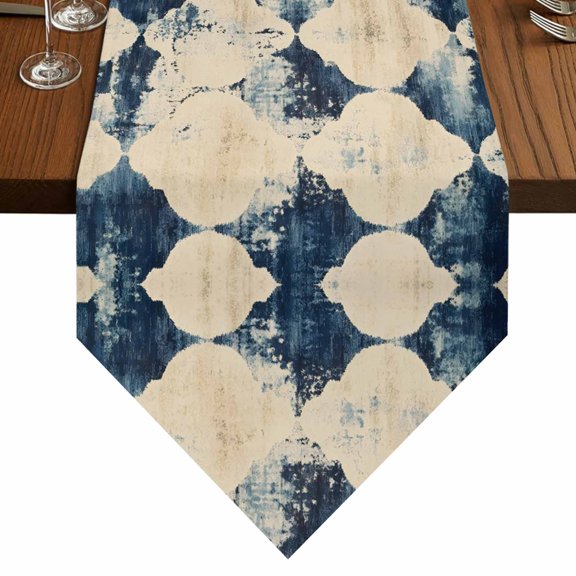 Vintage Turkish Pattern Table Runner for Dining Room, Blue Bohemia Style Linen Texture Cotton Linen Dining Table Runner Tablecloth Dresser Scarves for Kitchen Cafe 13x36 Inches Long