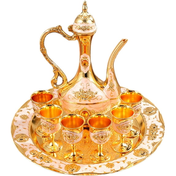 Vintage Turkish Tea Set: Exquisite Turkish Coffee Cup Set Including Metal Teapot, 6 Cups & Tea Tray for Home Decor Birthday Christmas Wedding Restaurant Hotel (A1)