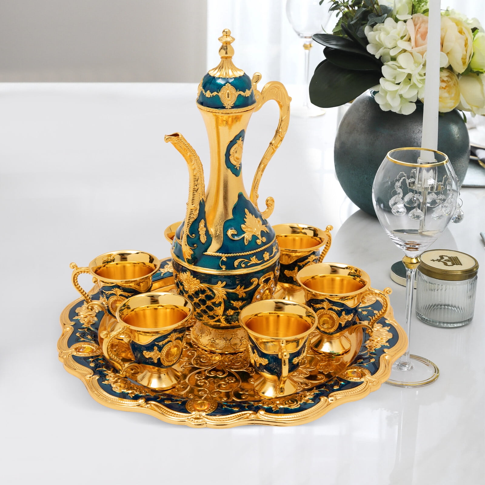 Turkish Teapot Set, Classical Tea Coffee Cup Set with Tray and 6