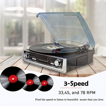 Vintage Turntable with Built-in Speaker, Belt Drive, FM Radio, 3-Speed (33/45/78 RPM), Retro Wood Cabinet - Ideal Gift for Vinyl Lovers (110V)