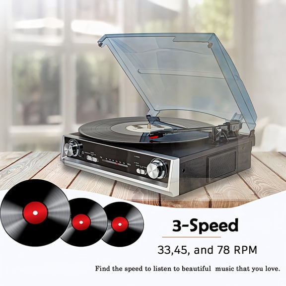 Vintage Turntable with Built-in Speaker, Belt Drive, FM Radio, 3-Speed (33/45/78 RPM), Retro Wood Cabinet - Ideal Gift for Vinyl Lovers (110V)