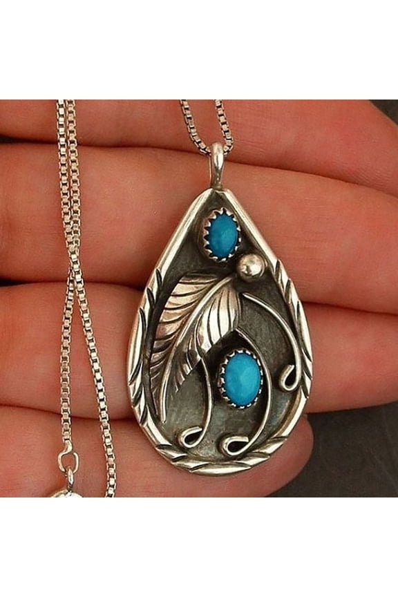 Vintage Turquoise Feather Necklace for Women Men Boho Sweater Chain Anniversary Birthday Jewelry Gift Lady