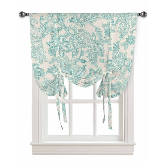 Vintage Turquoise Flower Tie Up Curtains for Window, Modern Ethnic Botanical Thermal Insulted Balloon Shade Adjustable Rod Pocket Curtains Valance Panels for Kitchen Bathroom Café 52 x 63