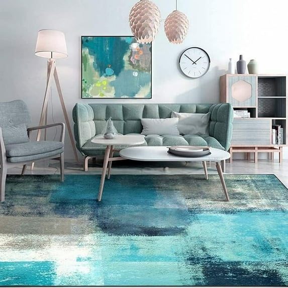 Vintage Turquoise Grey Area Rug, Modern Abstract Decorative Rug, Indoor Rug Anti-Slip Backing Durable Suitable For Living Room Bedroom Study Dining Room 5 x 8ft