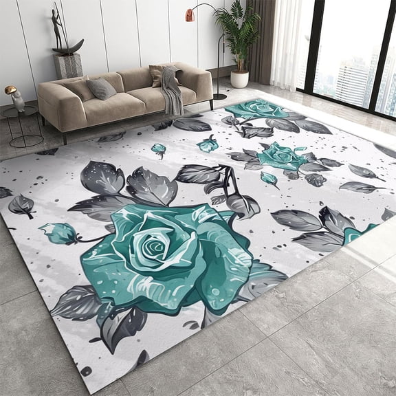 Vintage Turquoise Rose Area Rug, Valentine's Day Present Small Rugs, Washable Breathable Carpet for Front Entrance Floor Decor 2' x 3'