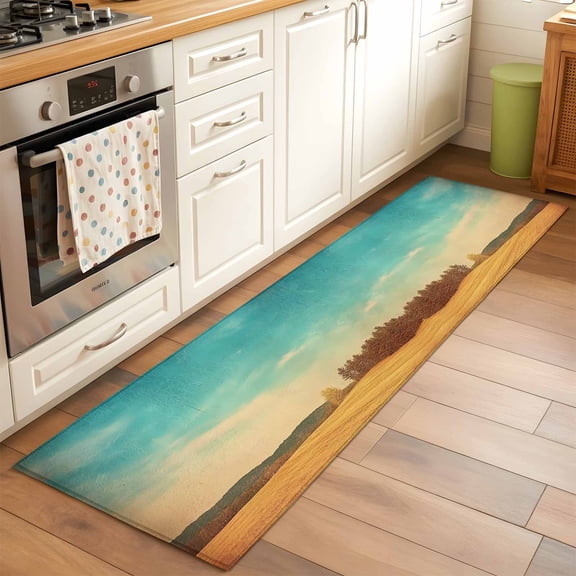 Vintage Turquoise Sky 2x6 Runner Rug for Hallway Walkway Kitchen Galley, Rustic Nature Hill Golden Grass Fields Scenery Low Pile Washable Non Slip Long Area Rug