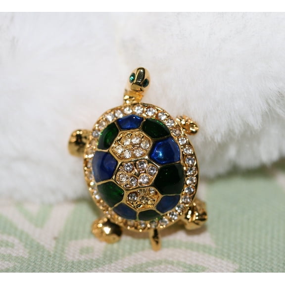 Vintage Turtle Brooch  Gold Tone, Blue/Green Enameled Shell with Crystal Clear Rhinestones, Turtle Pin