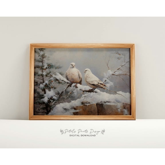 Vintage Turtle Doves Wall Art Print, Rustic Christmas Decor