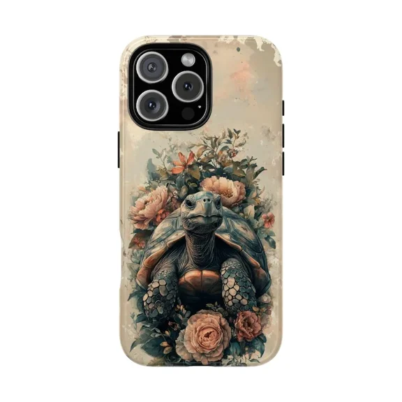 Vintage Turtle Floral Pattern Tortoise Nature Protective Case for iPhone 11 12 13 14 15 16 17 Pro Max