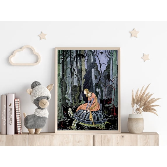 Vintage Turtle Illustration Virginia Frances Sterrett Art Deco Fairytale Art, Unframed Canvas 8x10in