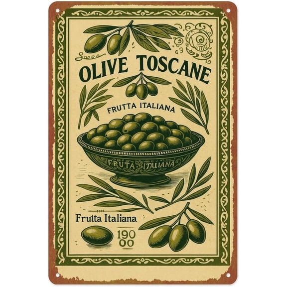 Vintage Tuscan Olive Metal Wall Art Tin Sign 8 x 12 Inches