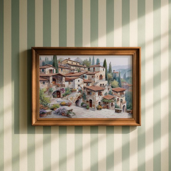 Vintage Tuscan Village Print, Unframed Paper Poster 8x10in