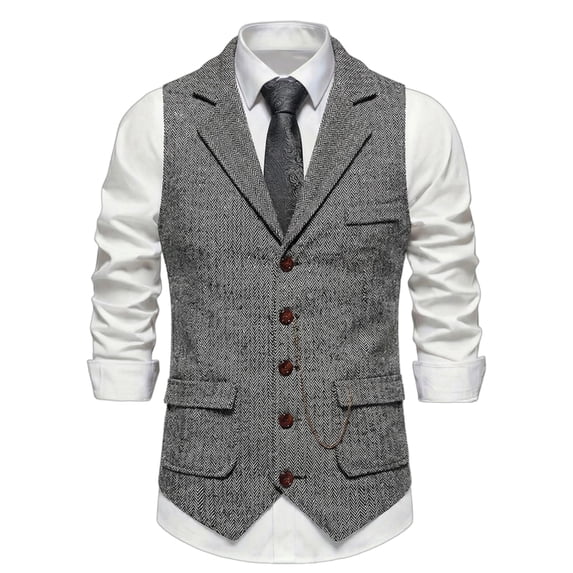 Vintage Tweed Waistcoat for Men with Chain Detail Retro Lapel Vest Formal Suit Gilet Business Casual Sleeveless Jacket Light Gray 2XL