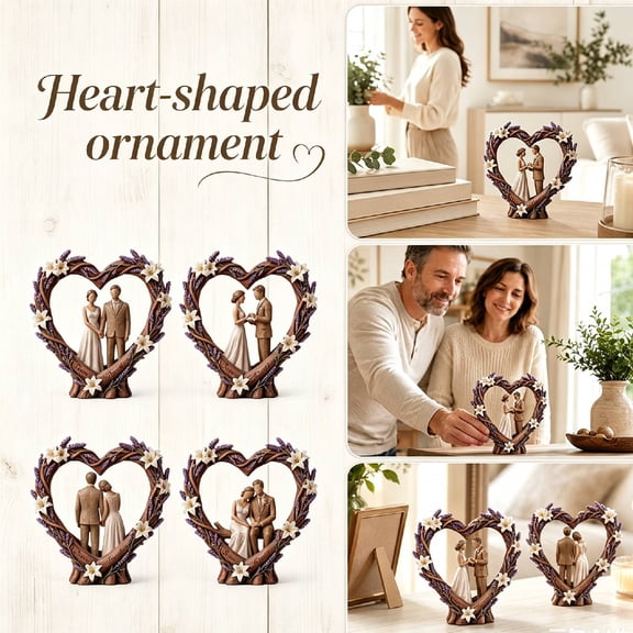 Vintage Twig Heart Frame Couple Sculpture Solid Resin Hand Painted Statue, Farmhouse Boho Home Table Decor for Bedroom Living Room Shelf Display