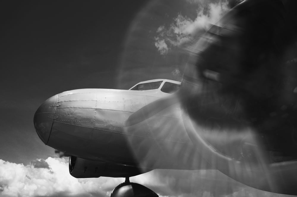 Vintage Twin Engine Airplane With Propeller Rotating In Black And White Canvas Art - Darren Greenwood Design Pics (17 x 11)