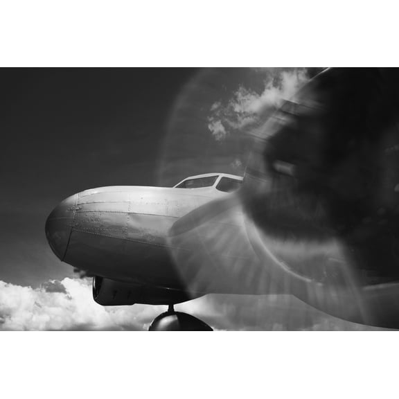 Vintage Twin Engine Airplane With Propeller Rotating In Black And White Canvas Art - Darren Greenwood Design Pics (17 x 11)