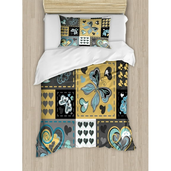 Vintage Twin Size Duvet Cover Set, Dark Textured Vintage Ornament with Heart and Butterfly Motif in Mix Retro Design, Decorative 2 Piece Bedding Set with 1 Pillow Sham, Multicolor, by Ambesonne