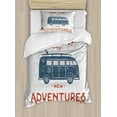 thumbnail image 1 of Vintage Twin Size Duvet Cover Set, New Adventures Typography with Little Van Hippie Lifestyle Free Spirit Print, Decorative 2 Piece Bedding Set with 1 Pillow Sham, Cadet Blue White, by Ambesonne, 1 of 3
