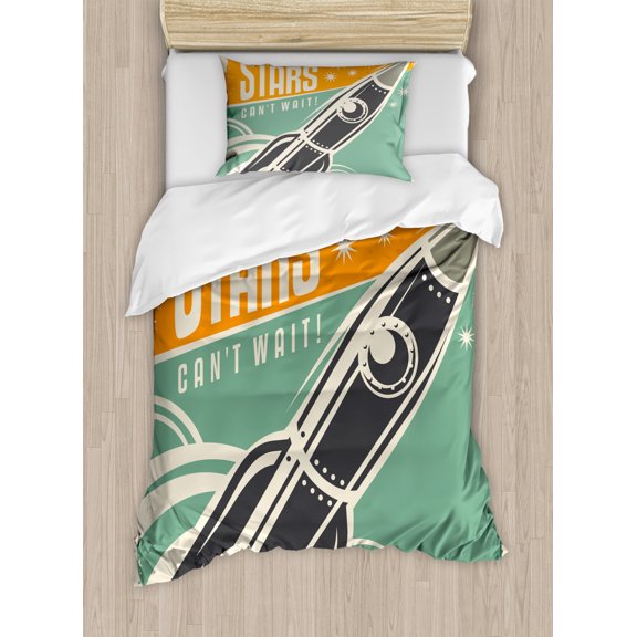 Vintage Twin Size Duvet Cover Set, Stars Can't Wait Retro Advertisement with Rocket Figure Launch Your Business Image, Decorative 2 Piece Bedding Set with 1 Pillow Sham, Multicolor, by Ambesonne